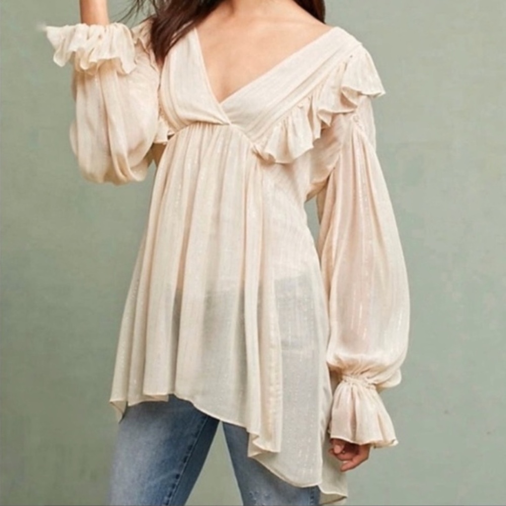 Anthropologie Maeve Peasant Top - Cream and Metallic Silver - Size 4 - NWOT